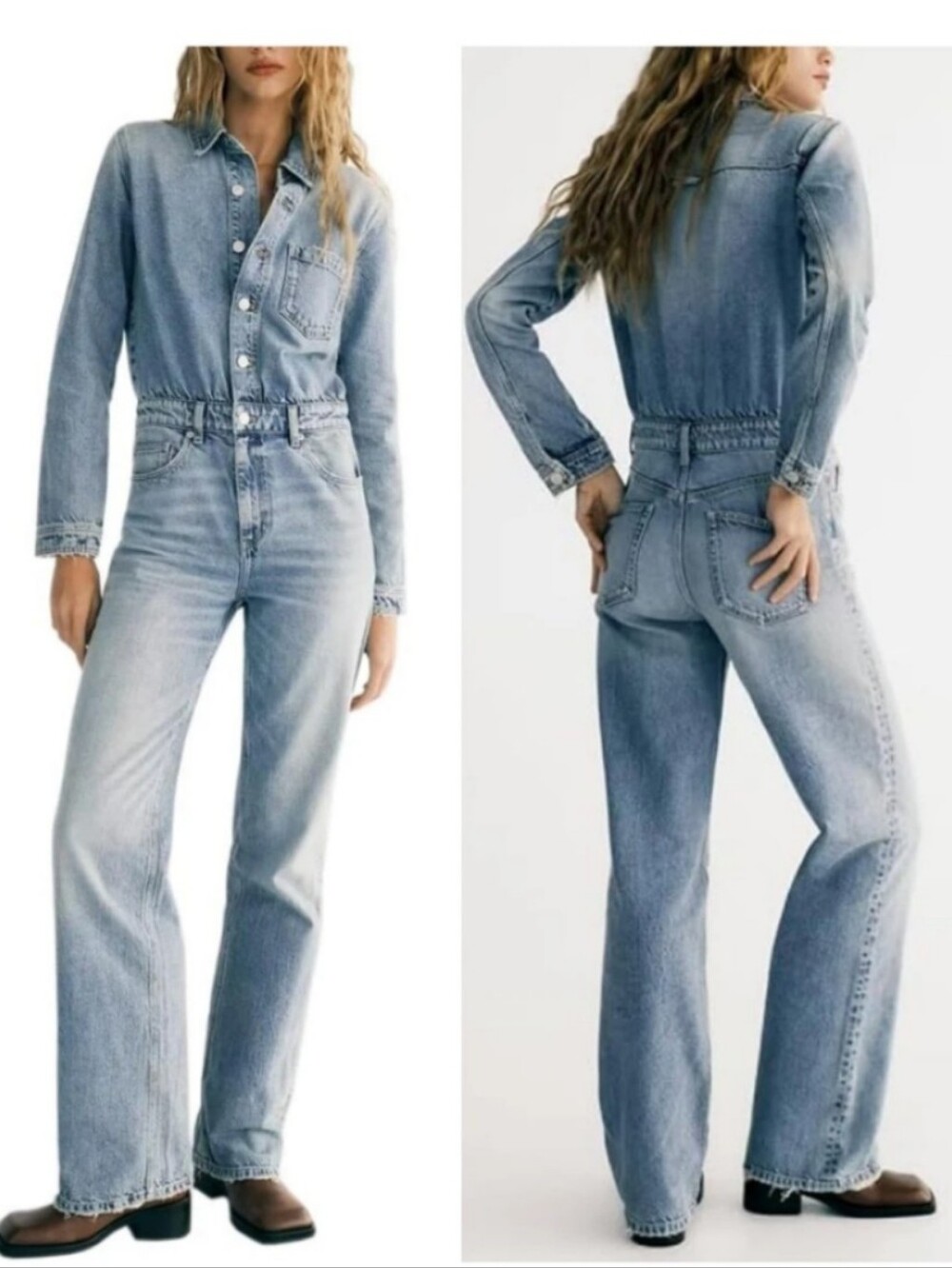 Zara Light Wash Women's Denim Jumpsuit - Long Sleeve